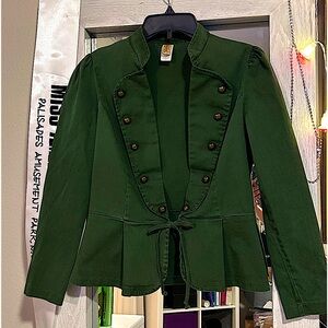 Vintage Y2K Army Green Double Breasted Military Style Stretch Blazer w/ Frnt Tie